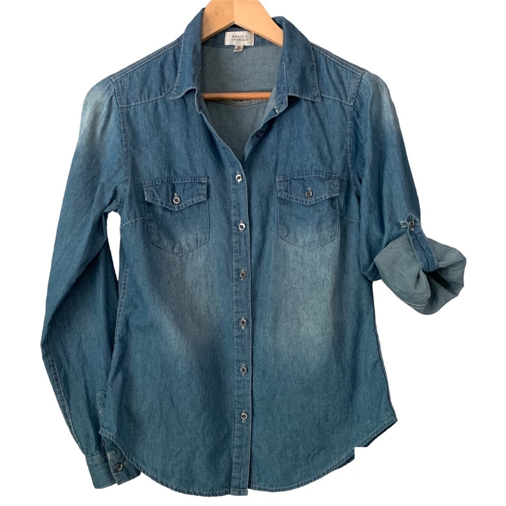 NOBLE U Women’s Denim/Chambray 100% Cotton Button-Tab Long Sleeve Shirt Size M